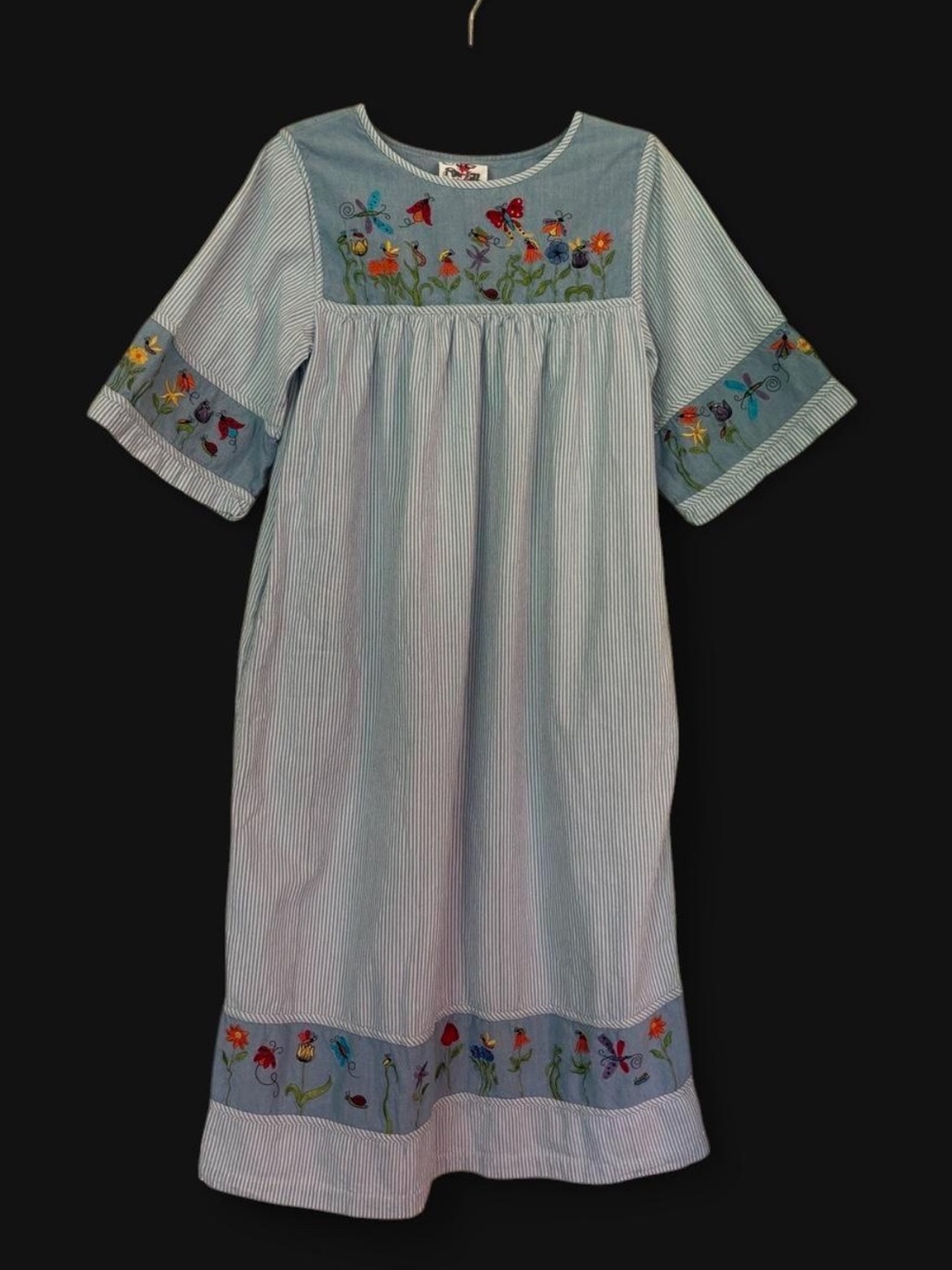 Vintage Quacker Factory Floral Embroidered Stripe Garden Dress Cottagecore Boho